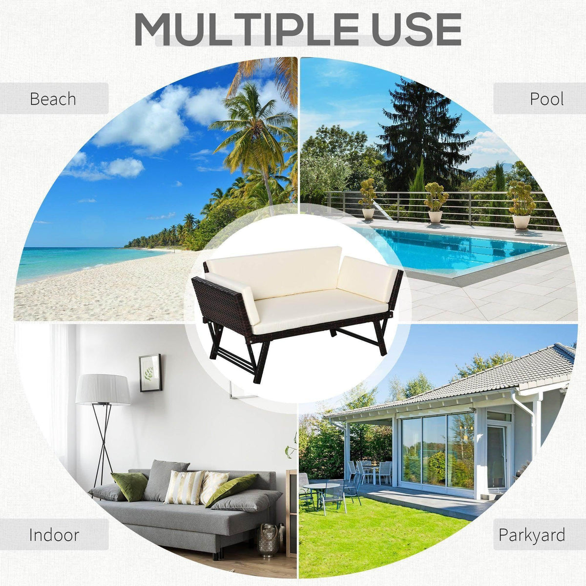 Outdoor folding rattan daybed sofa bench with white seat and back cushions, dark frame