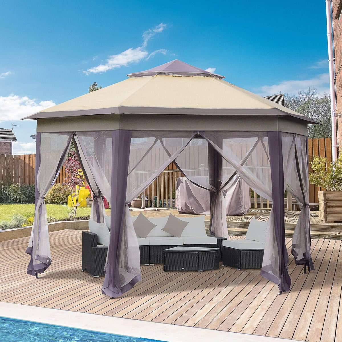 Beige hexagon outdoor instant gazebo with dark curtains and open seating area