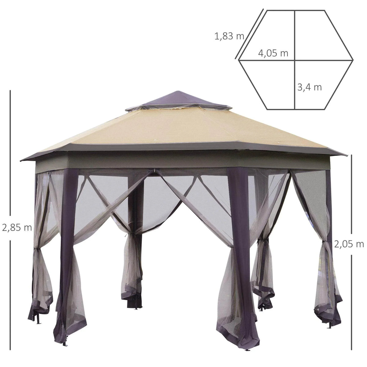 Beige hexagon patio gazebo with side curtains and domed roof, shown with measurements