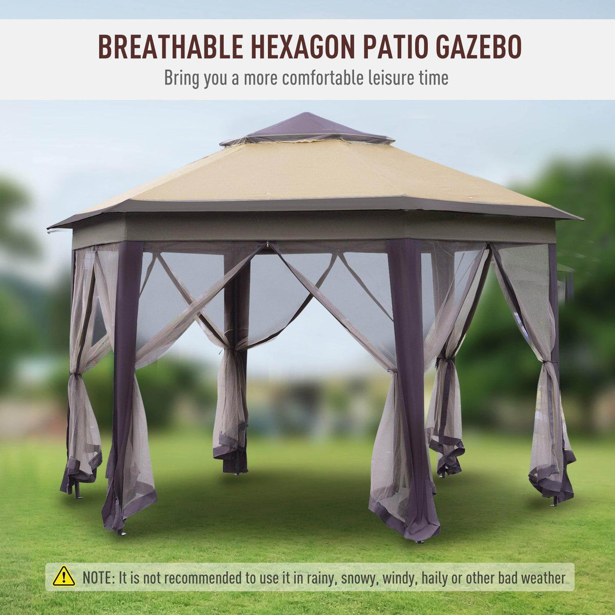 Beige hexagon patio gazebo with breathable side curtains and peaked roof