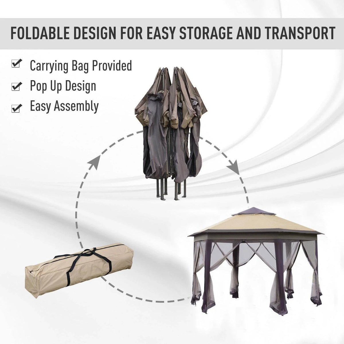 Beige pop-up hexagon gazebo with carrying bag concept for easy storage and transport