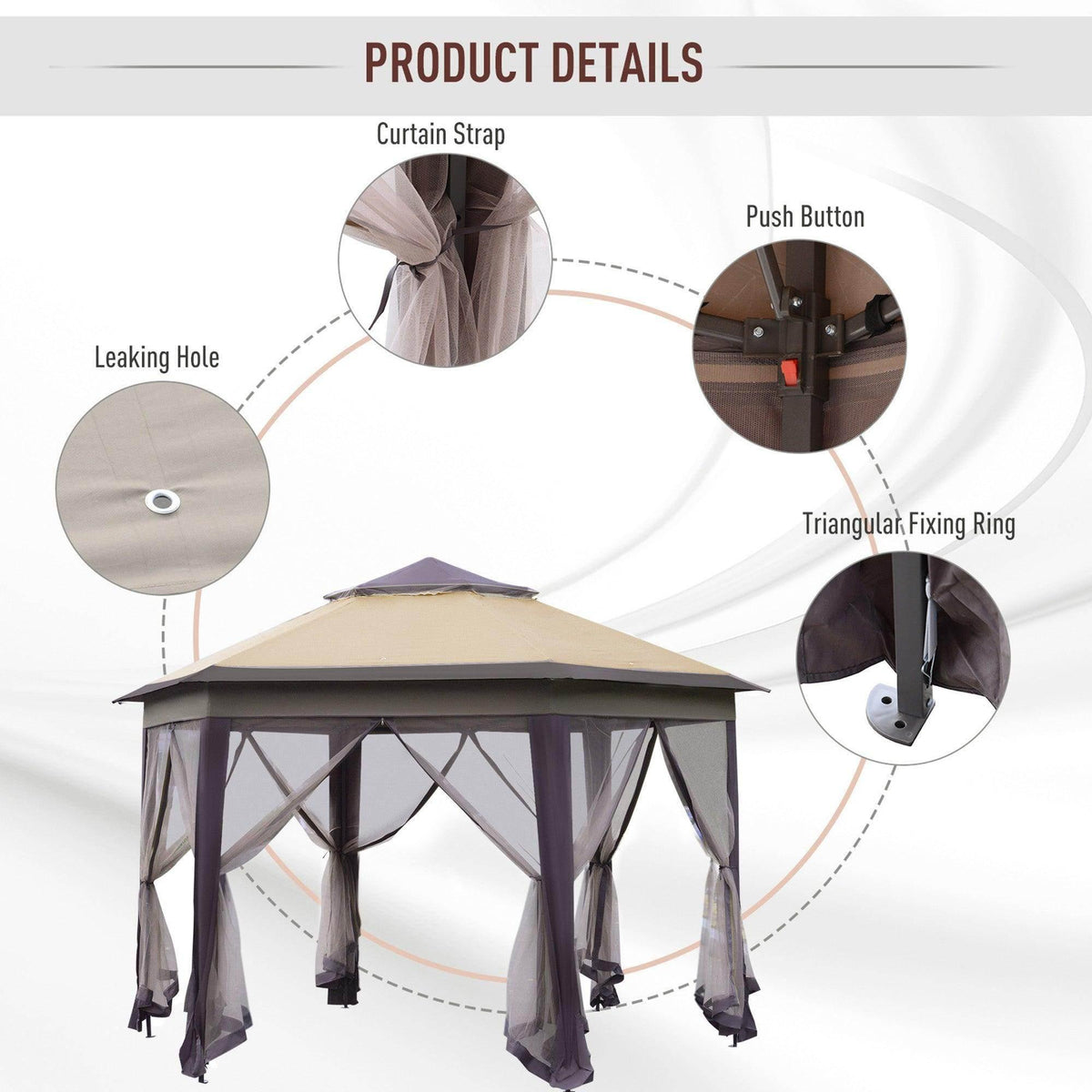Beige hexagon gazebo showing door straps and triangular fixing rings detail