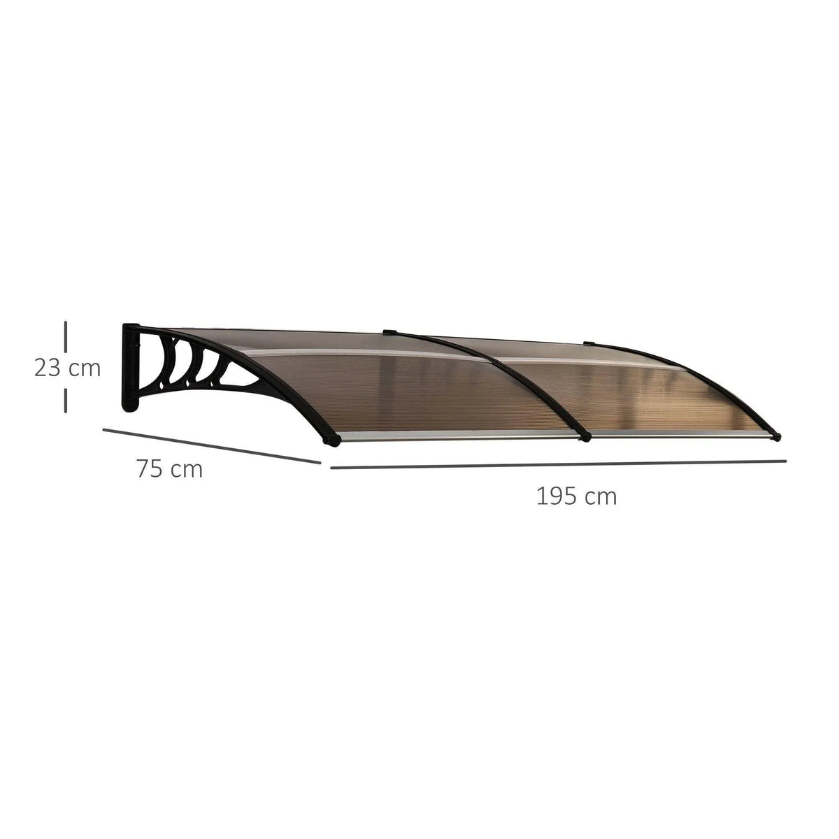 Brown translucent patio awning canopy with black supports, approx. 195 cm wide