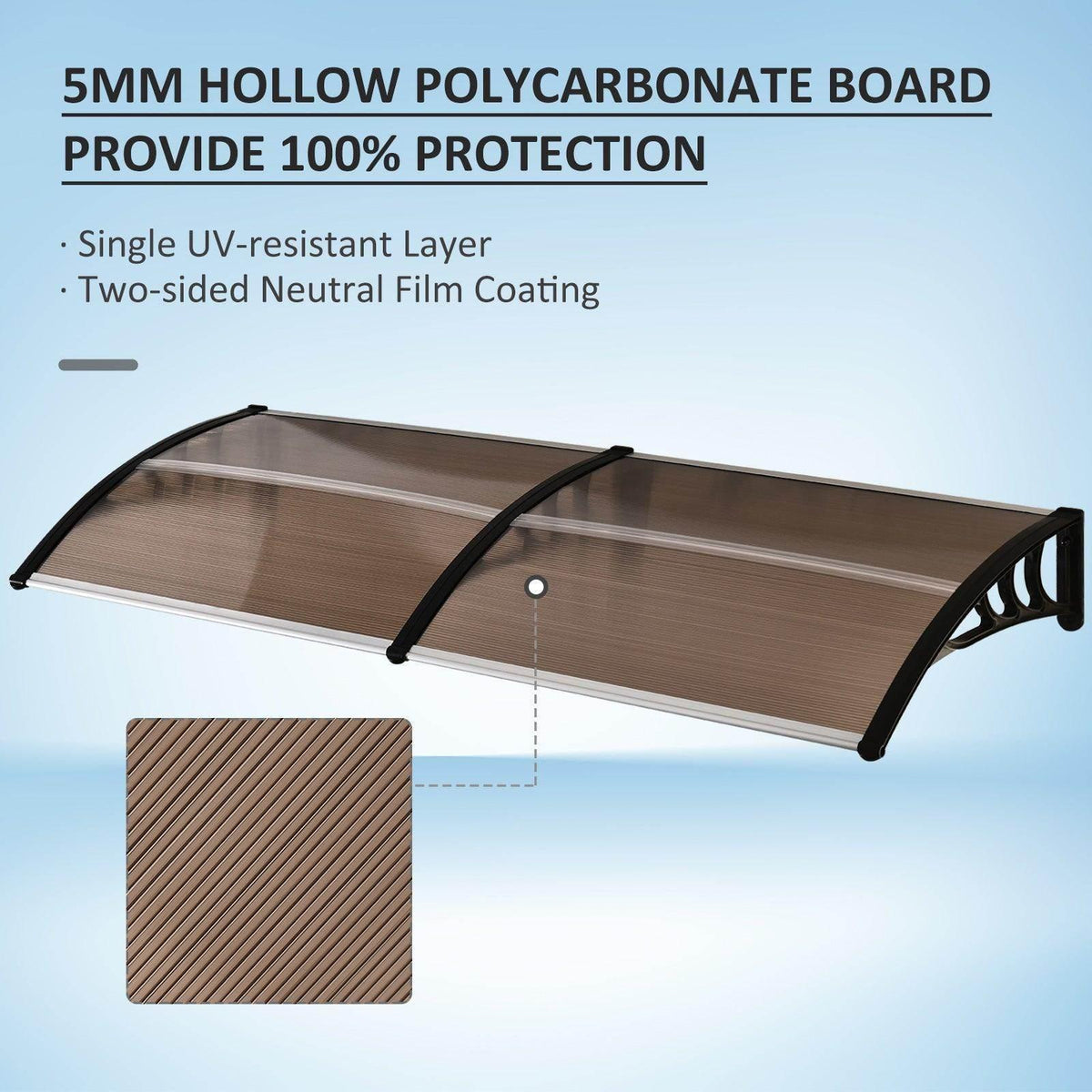 Brown translucent polycarbonate-style patio awning canopy with curved black frame