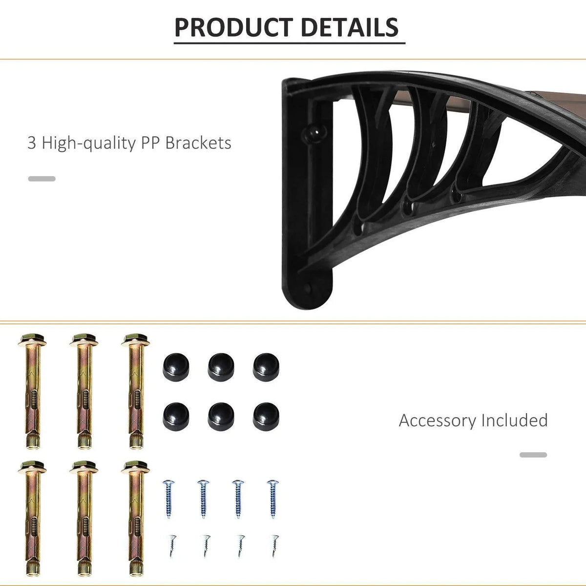 Black mounting brackets and hardware for patio awning canopy installation