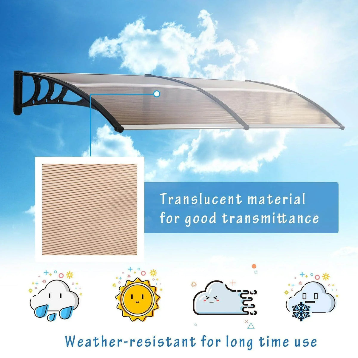 Brown translucent patio awning canopy with curved black arms and clear center