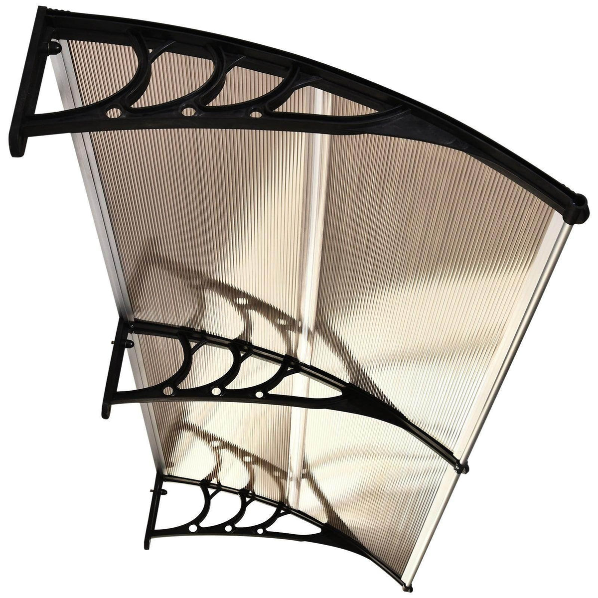 Brown translucent patio awning canopy with black frame and ribbed panel surface