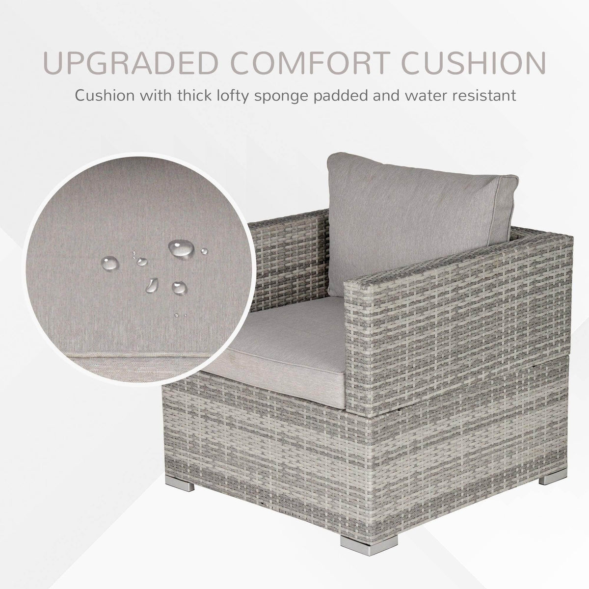 Grey rattan patio chair with thick padded seat and back cushion
