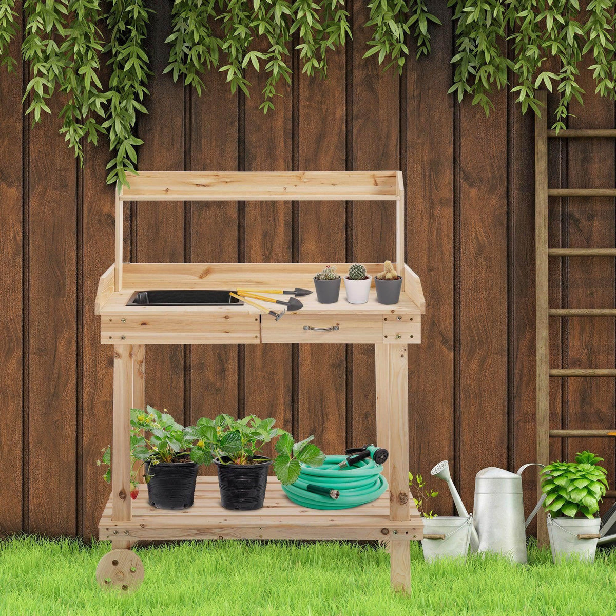 Wooden outdoor potting bench with sink, shelves, and garden storage