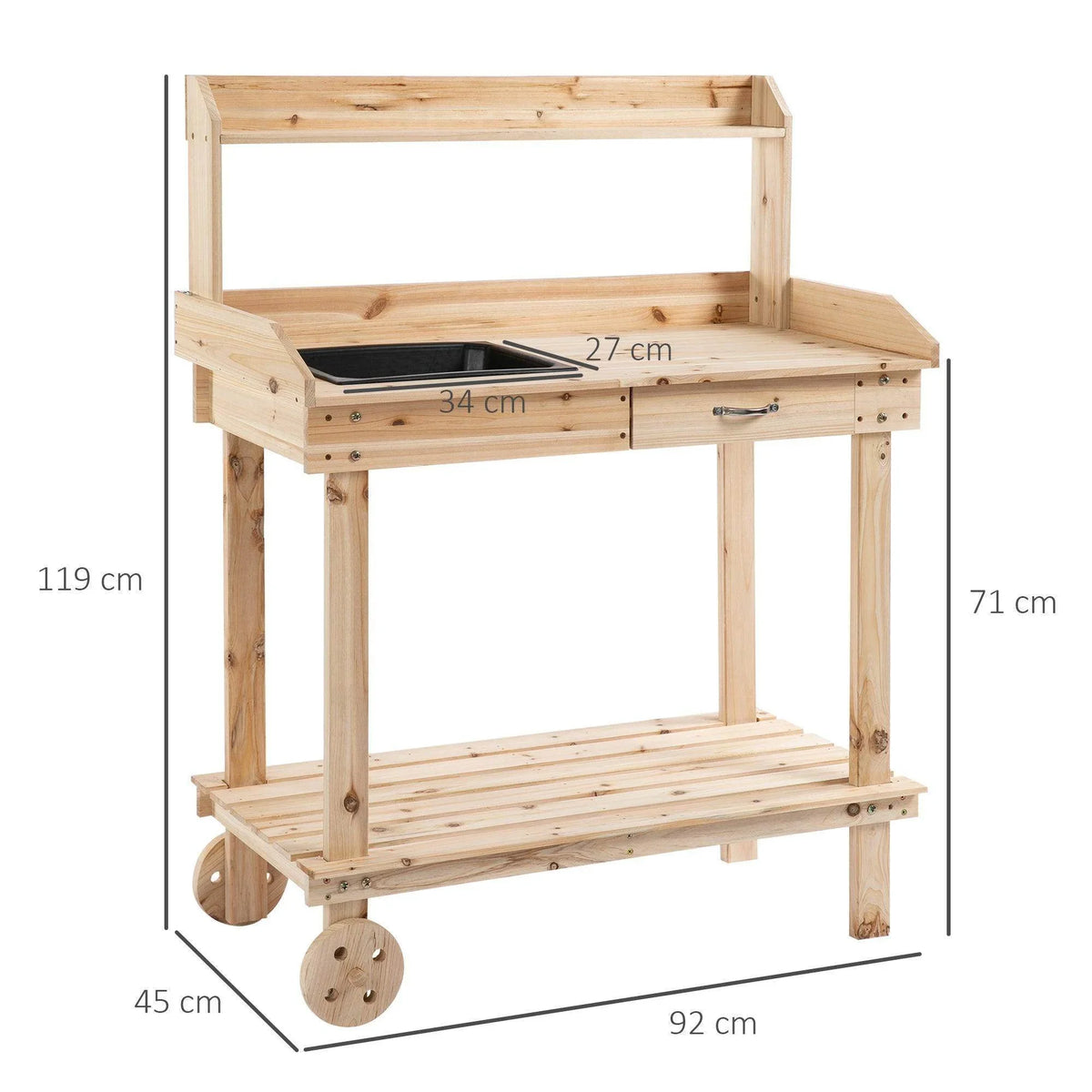 Wooden potting bench with sink and wheels, shown with size measurements