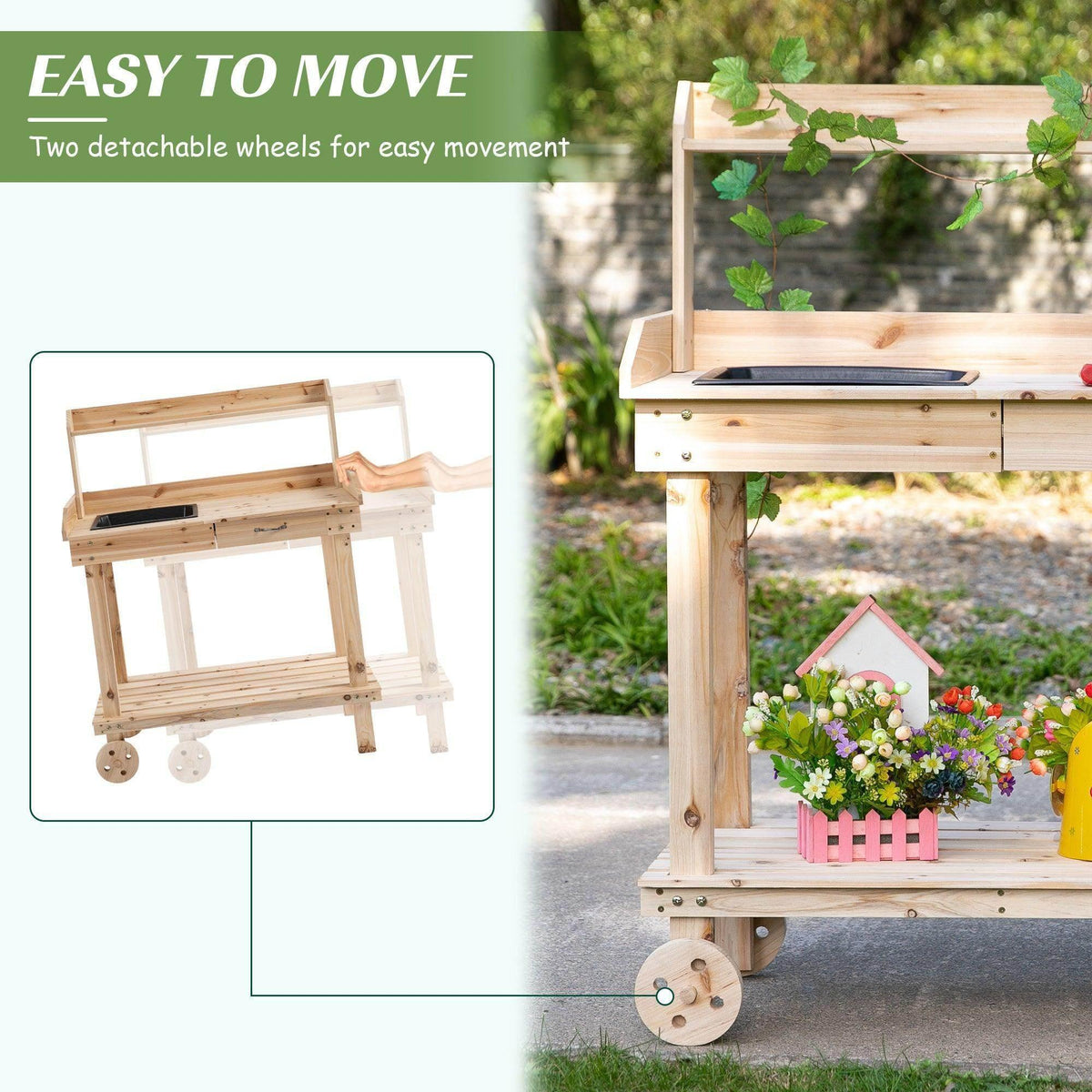 Wooden potting bench with removable wheels for easy moving