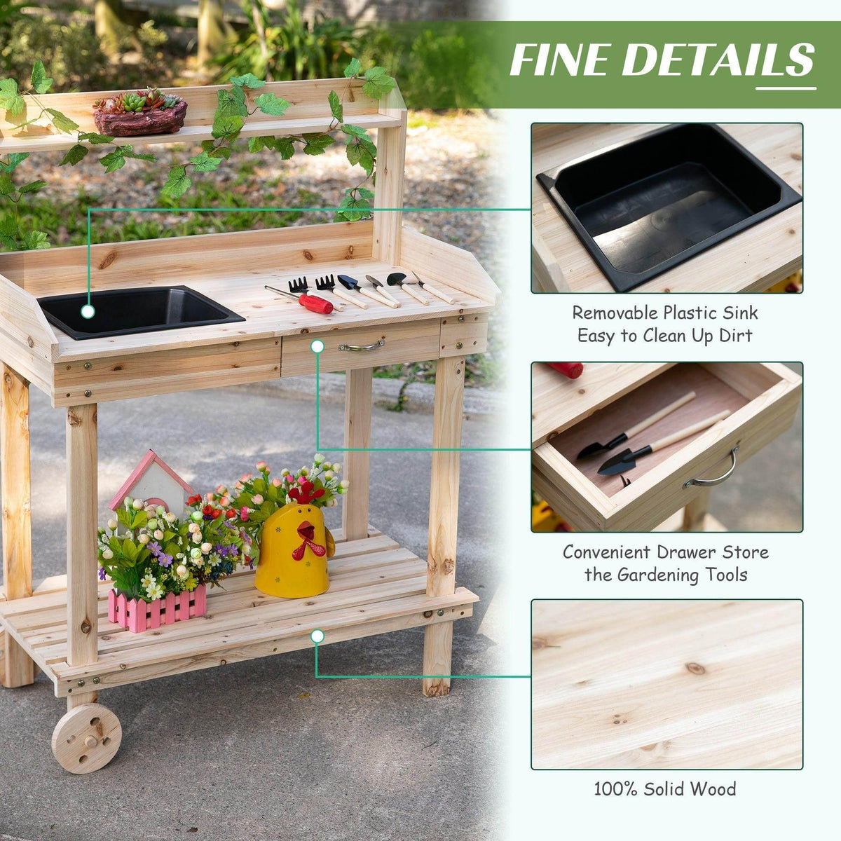 Wooden potting bench with removable black sink and tool drawer storage