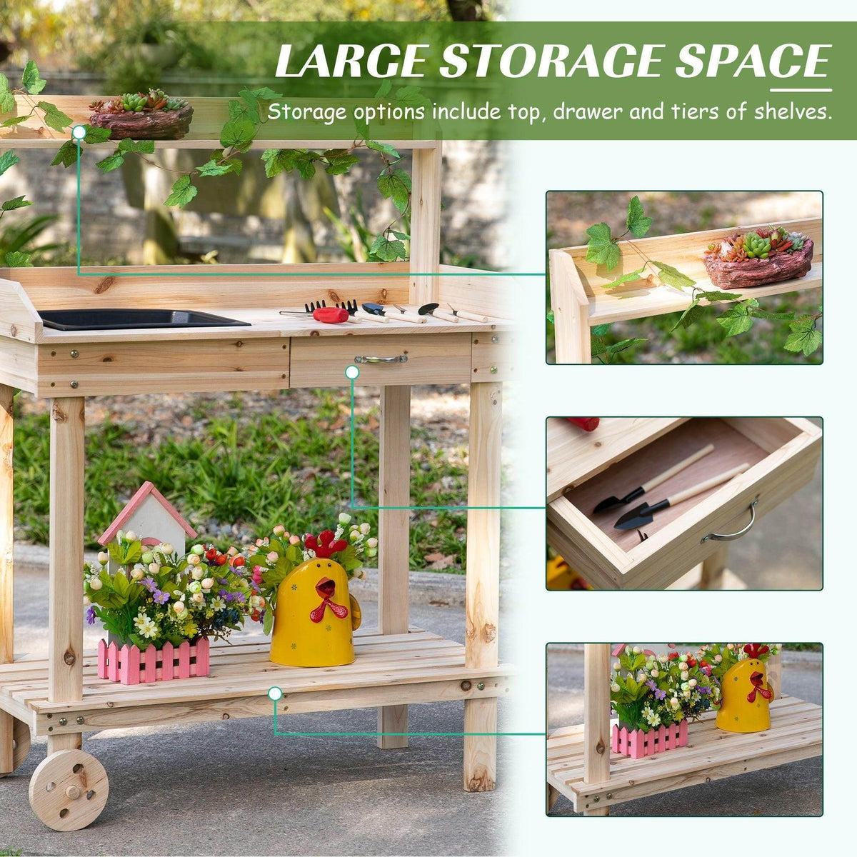 Wooden potting bench with top, drawer, and tiered shelf storage