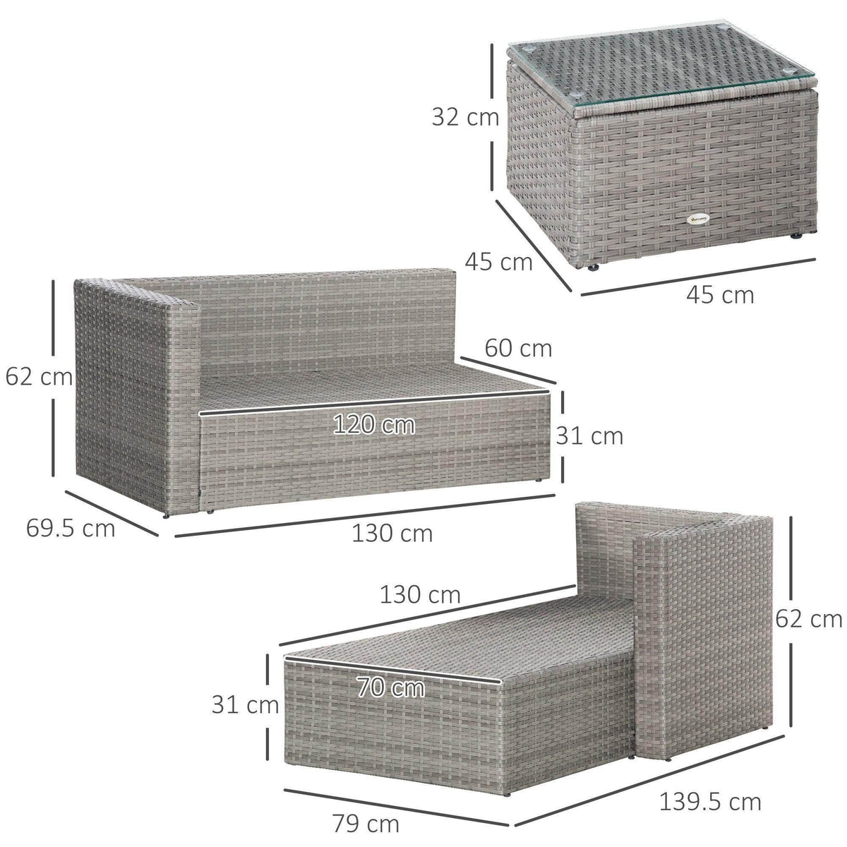 Gray PE rattan corner sofa set size diagram showing sectional pieces and cushions