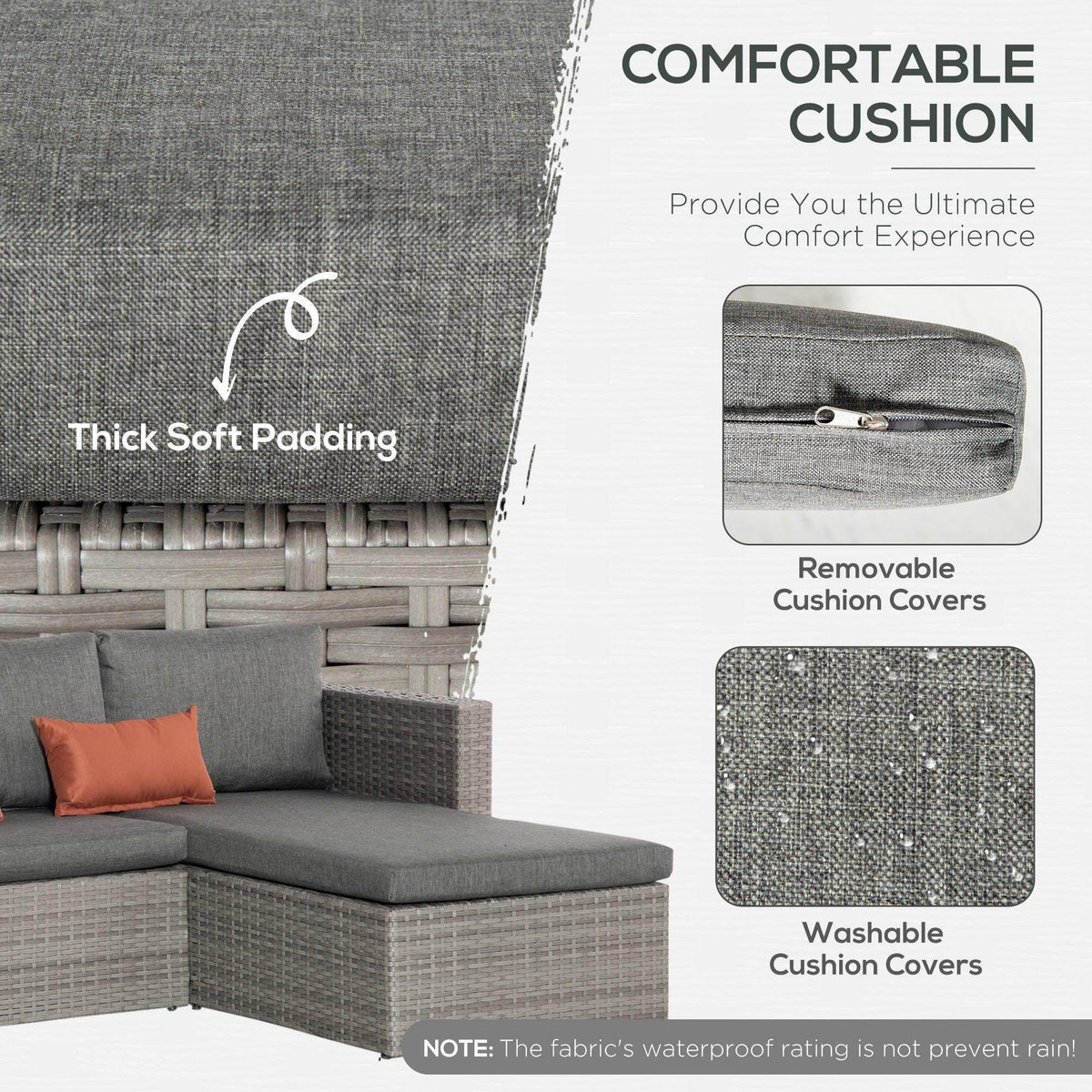 Gray cushioned outdoor sofa section with thick padding and removable cushion covers