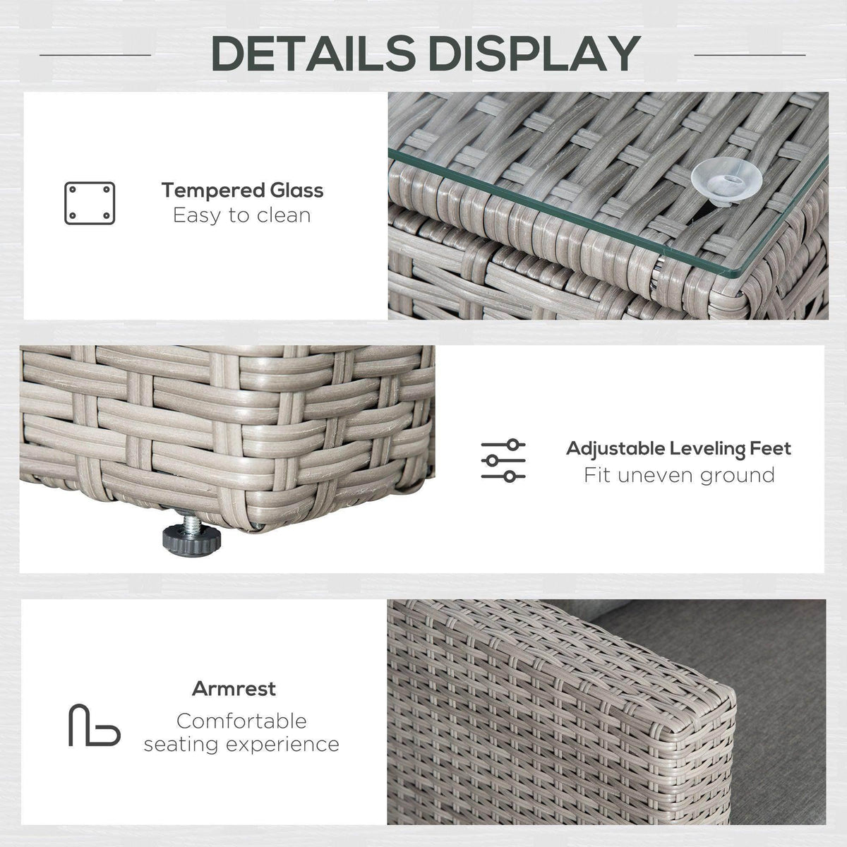 Outdoor sofa set detail with tempered glass tabletop and adjustable leveling feet