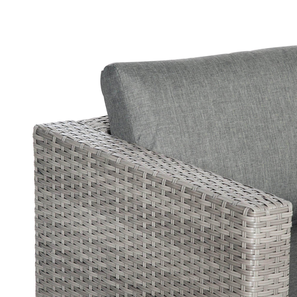 Gray PE rattan armrest and side panel with woven texture and gray cushion