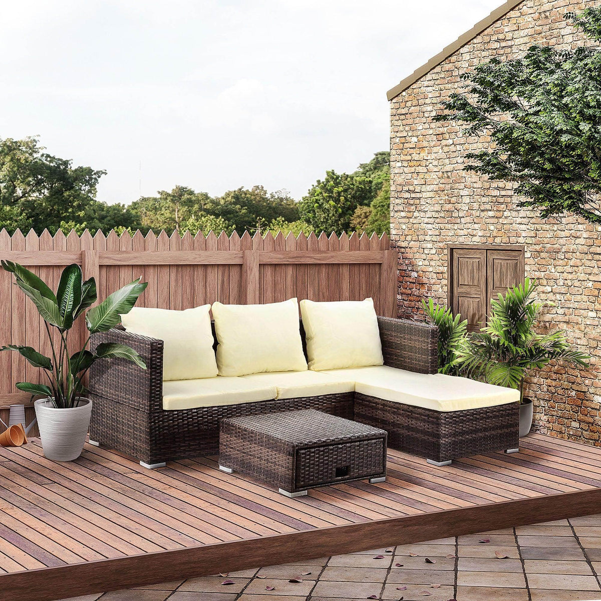 Outdoor rattan corner sofa set with cream cushions and a storage ottoman