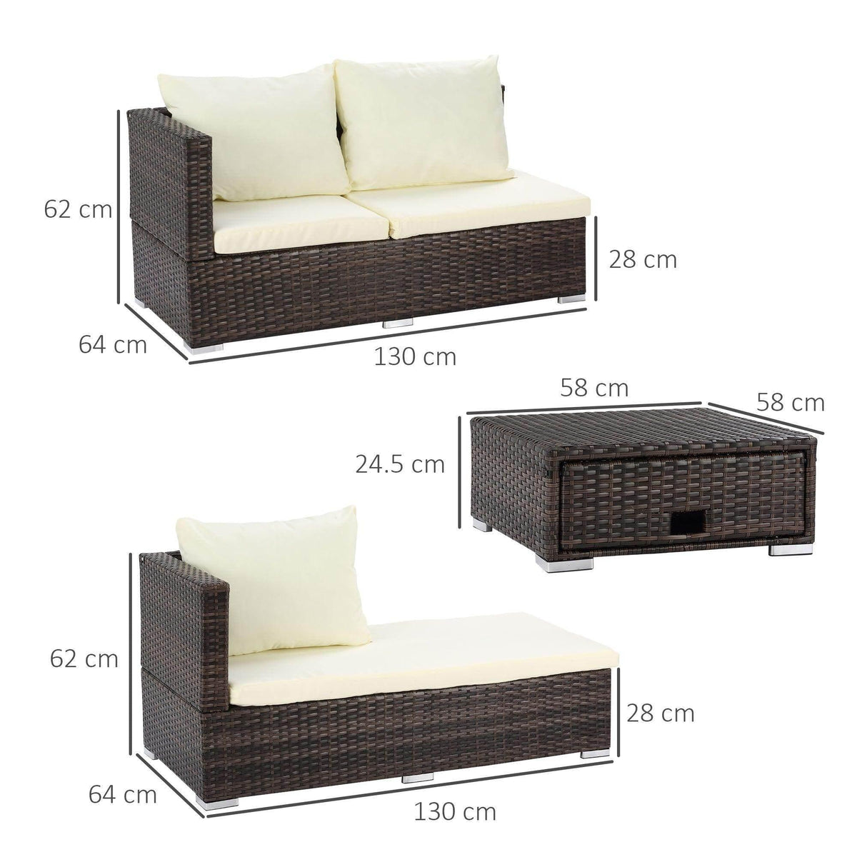 Outdoor rattan sofa with cream cushions and included storage ottoman, shown with dimensions