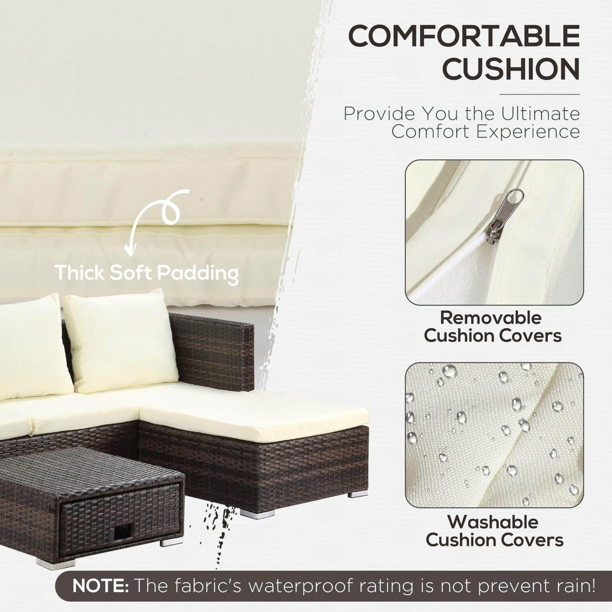 Outdoor rattan corner sofa with thick cream cushions and close-up of cushion covers