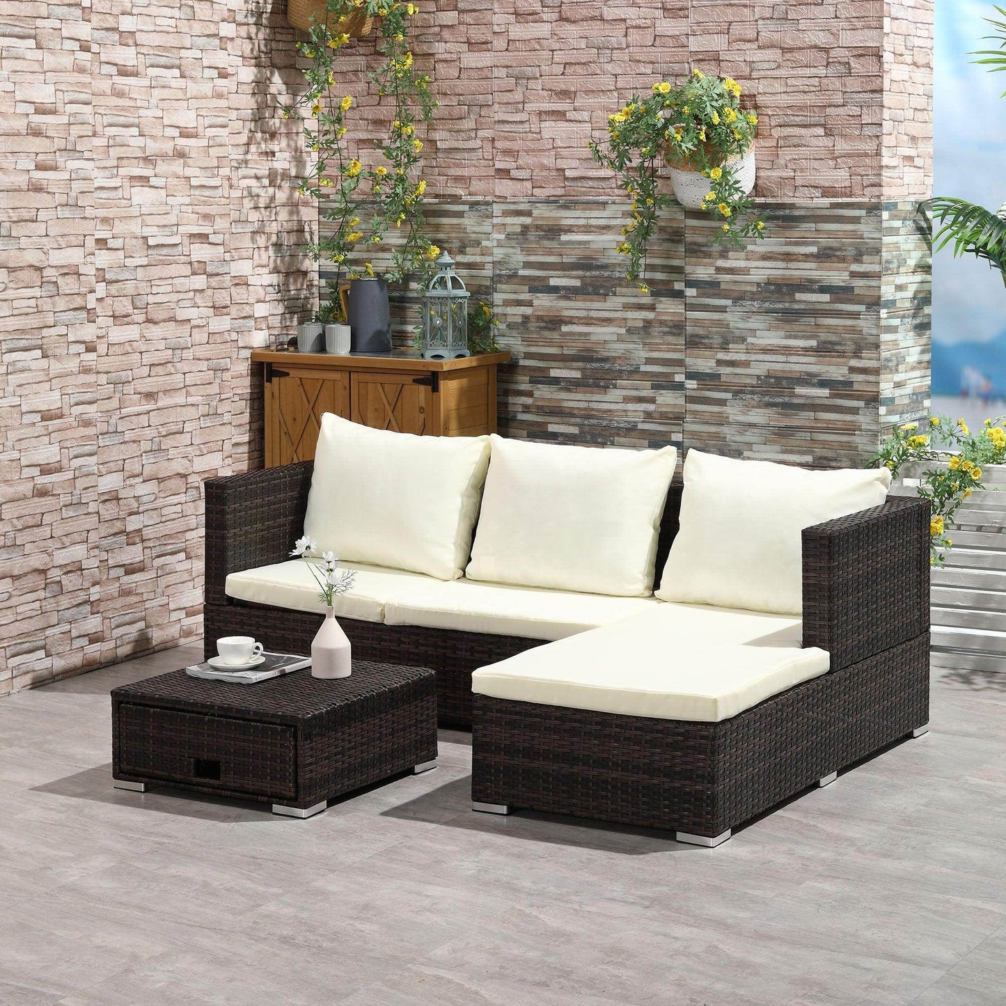 Outsunny Outdoor Rattan Sofa Set with Storage & Cushions - ALL4U RETAILER LTD