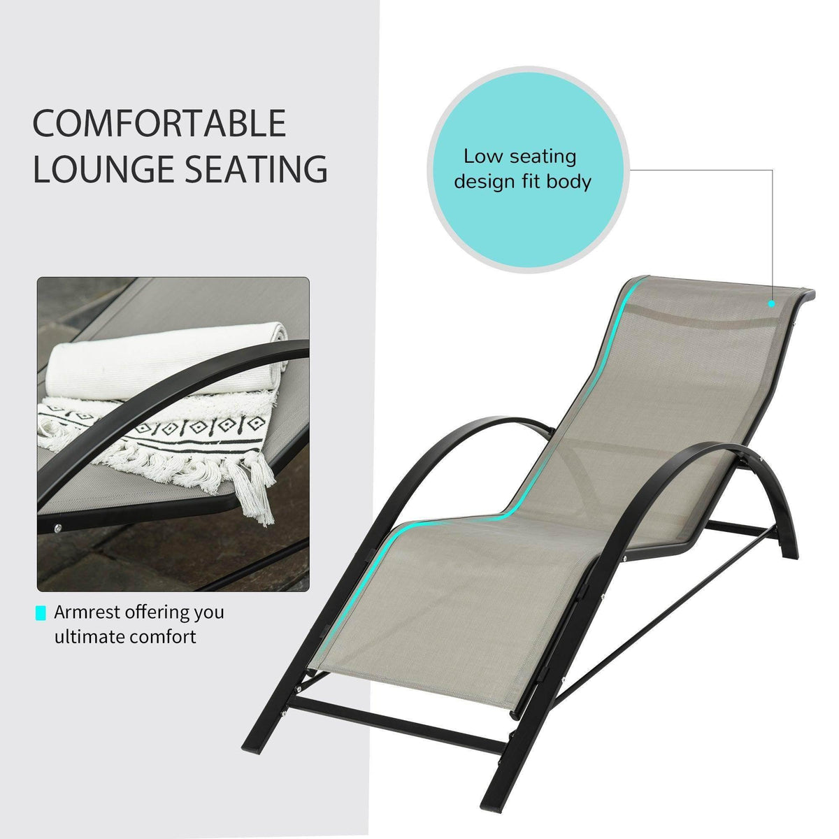 Grey low-profile lounge recliner with curved black armrests and mesh seat