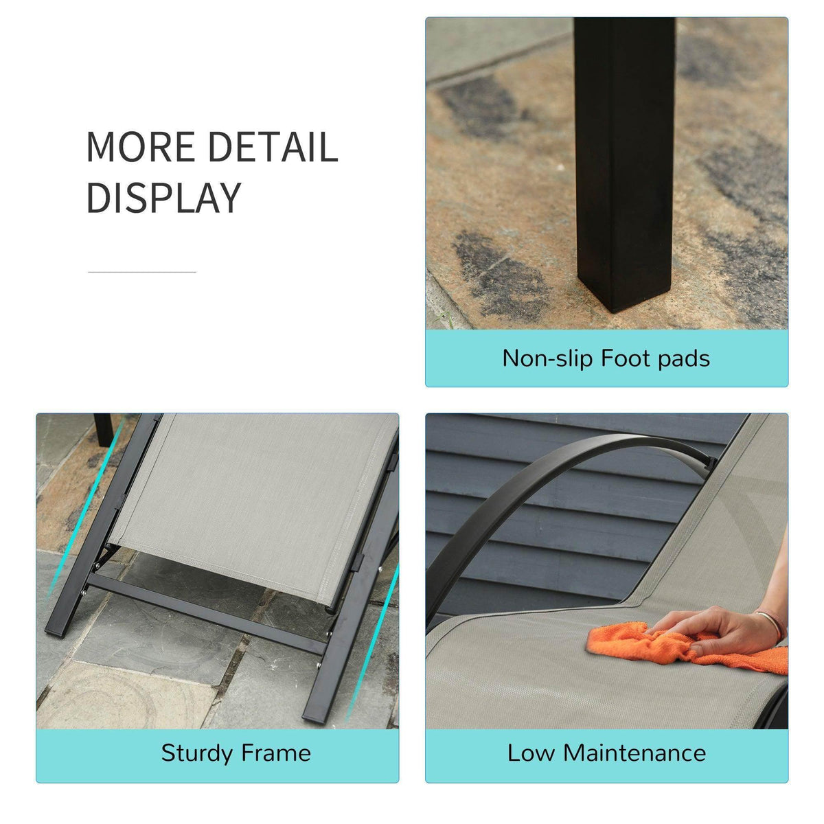 Recliner frame detail with non-slip foot pads and low maintenance structure