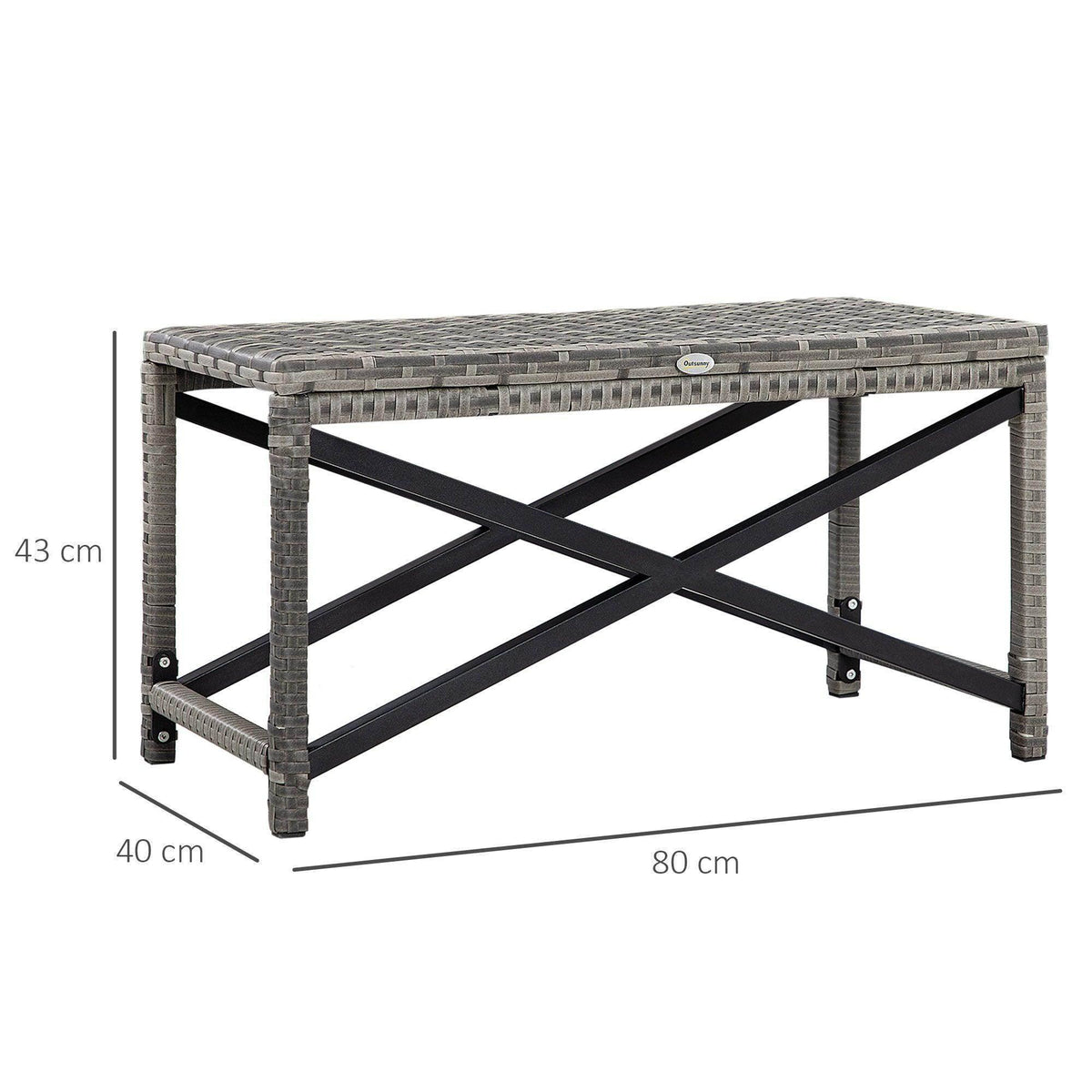 Gray wicker coffee table with black cross-brace frame and woven tabletop