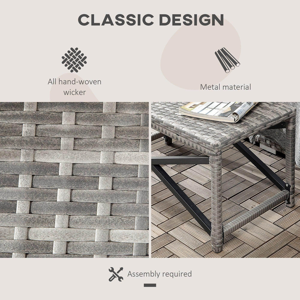 Gray hand-woven wicker patio coffee table with metal frame