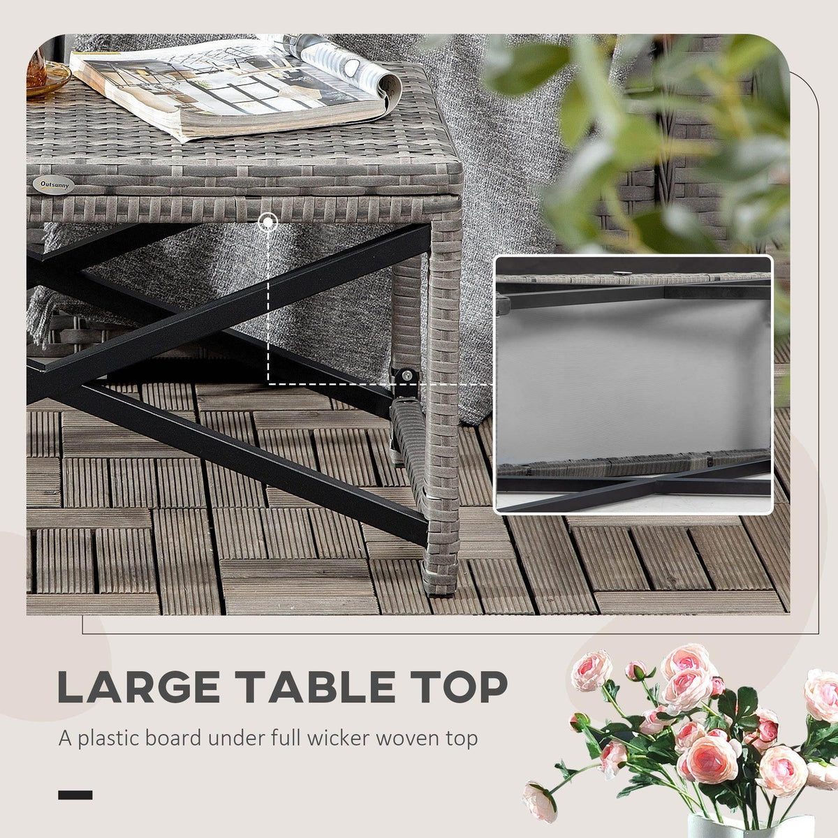 Gray wicker coffee table with full-woven top and plastic board support
