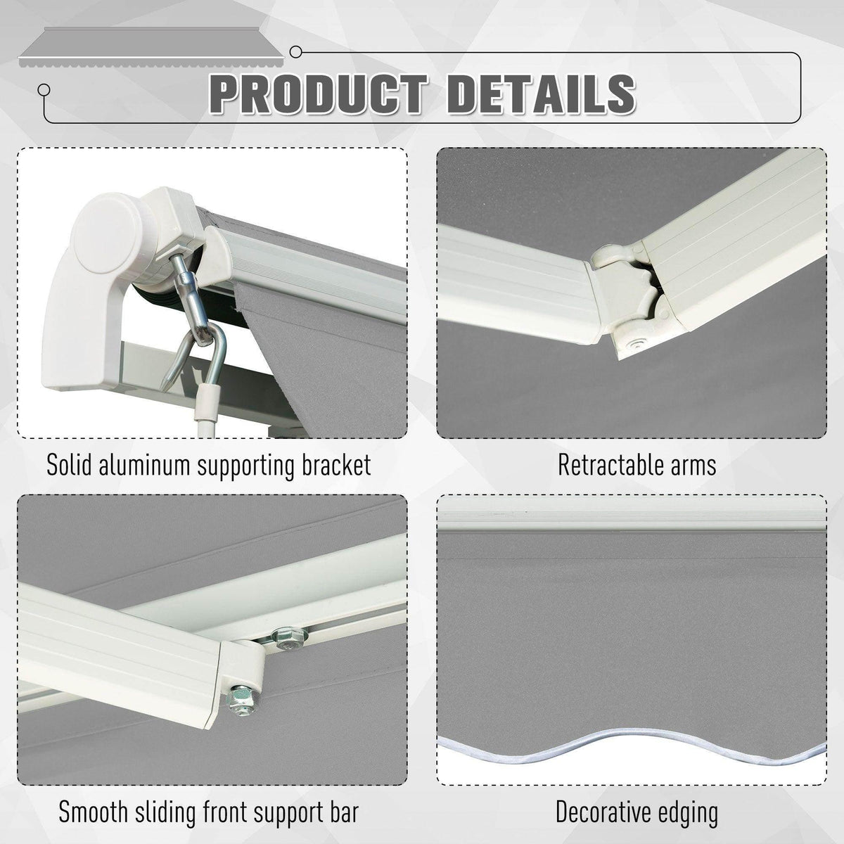 Light grey window awning with retractable arms, support bar, and decorative scalloped edge
