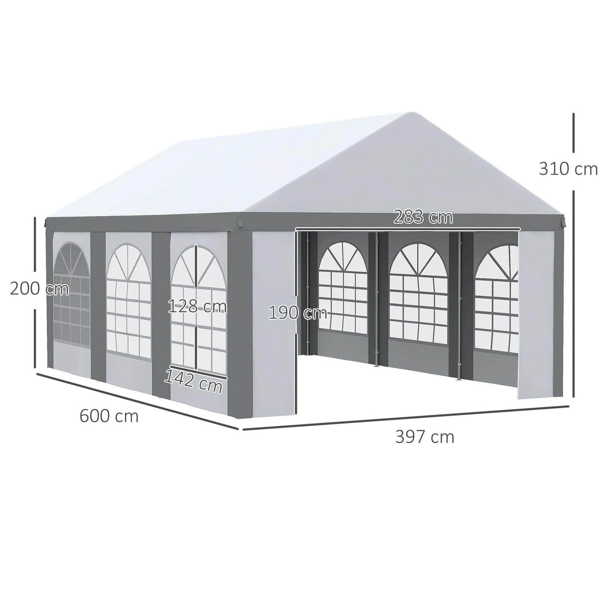 Gray-and-white marquee gazebo with roof and arched window side panels, size diagram