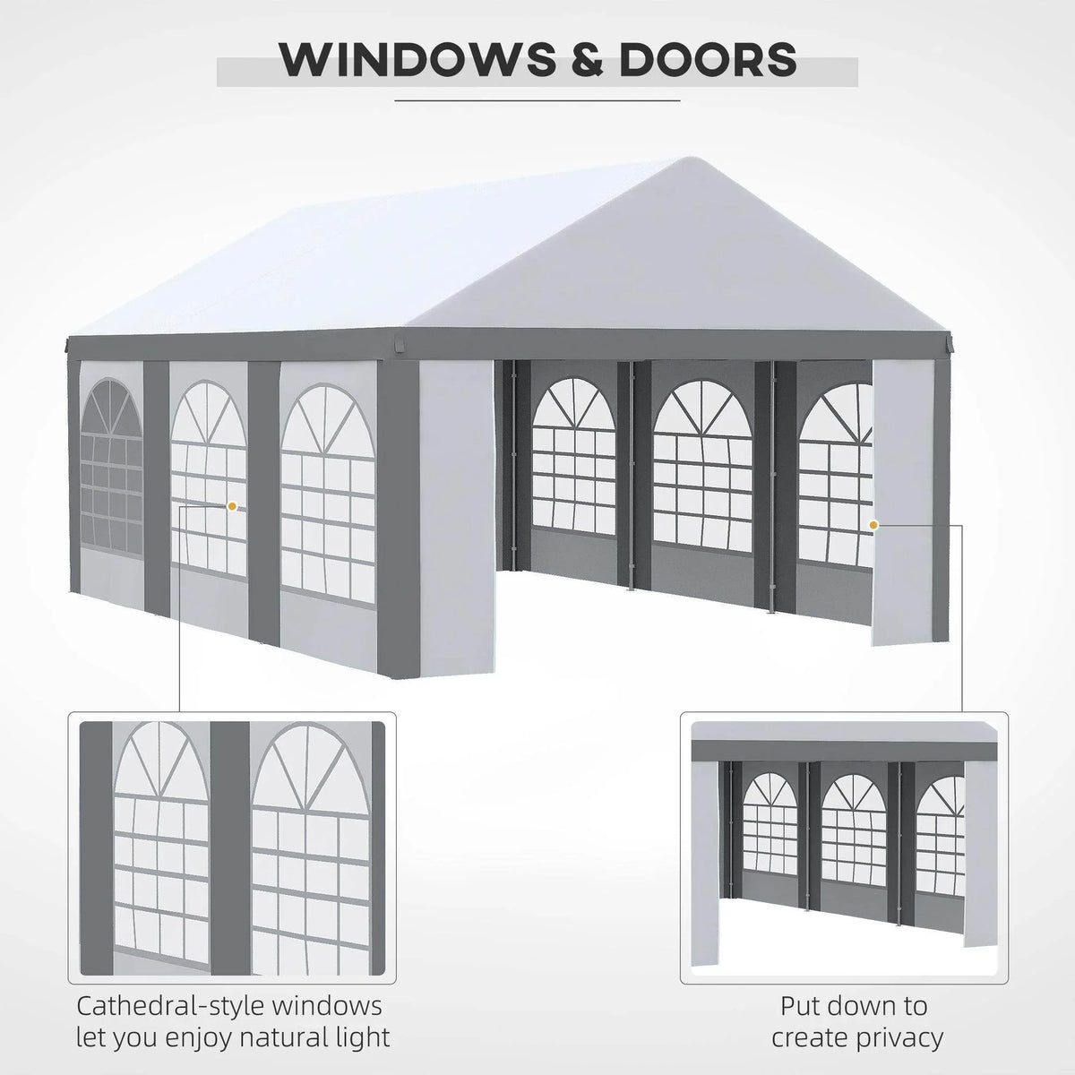 Marquee gazebo with arched window side panels and labeled windows & doors layout