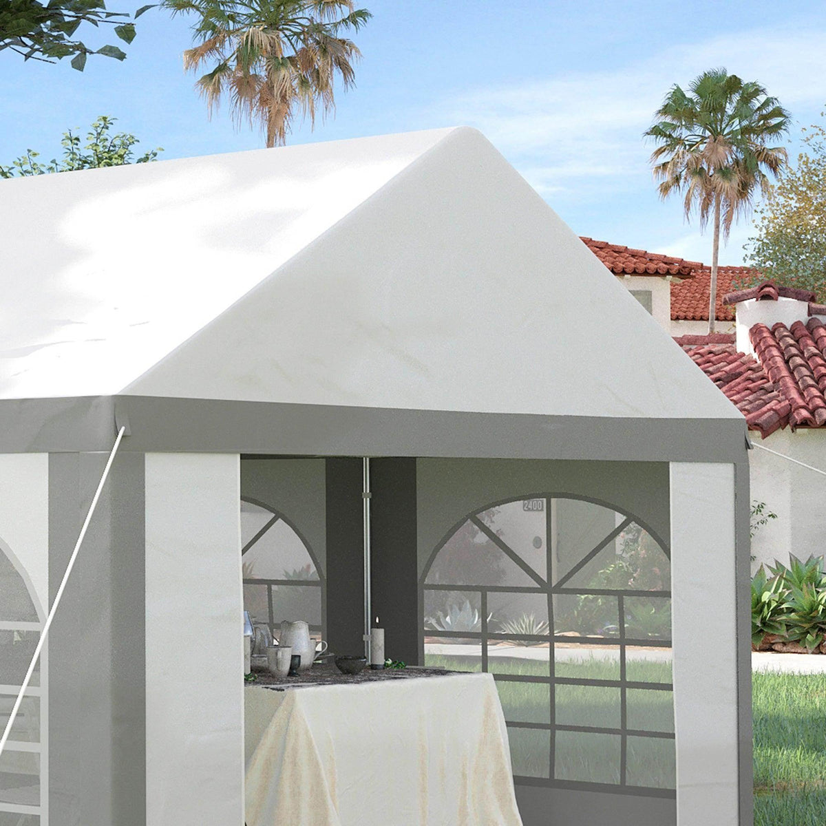 White marquee gazebo with roof, arched window panels, and open interior view