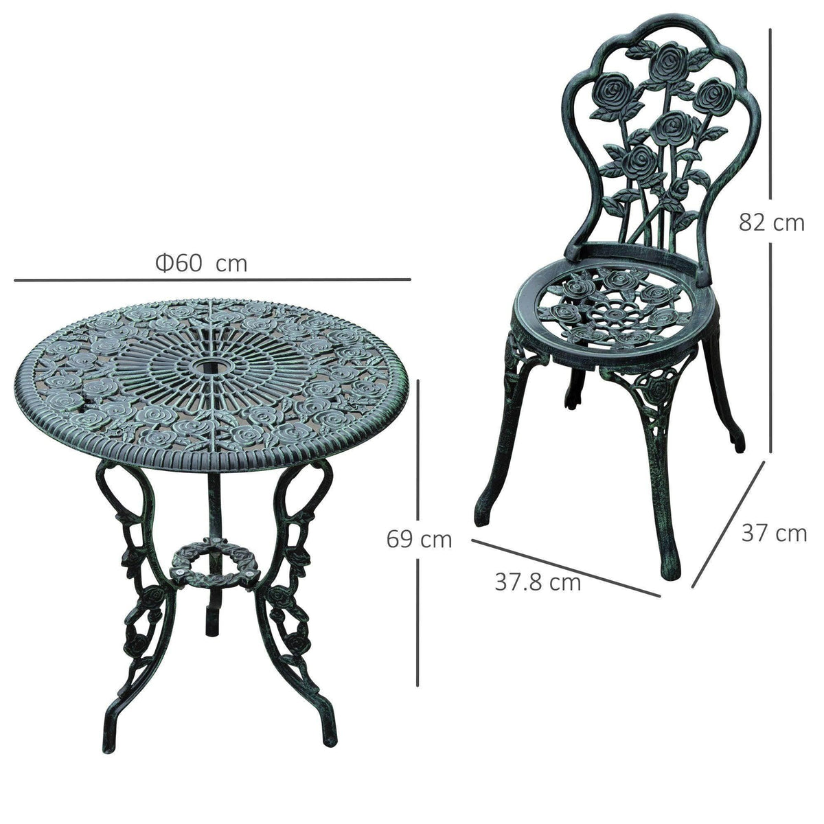 Round tabletop and two chairs, cast-metal patio bistro set with scrollwork details