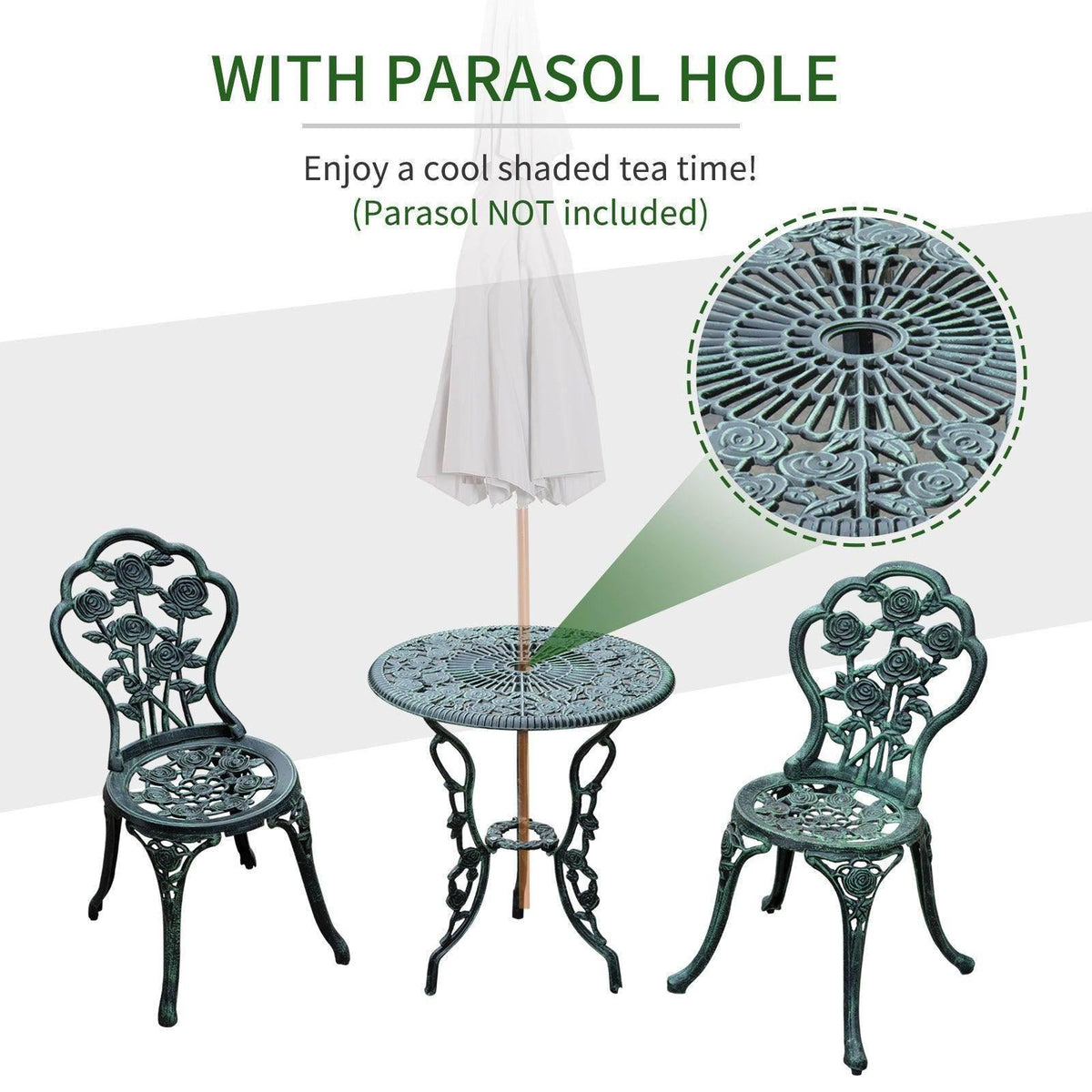 Patio bistro set with round table featuring a parasol hole and two matching chairs