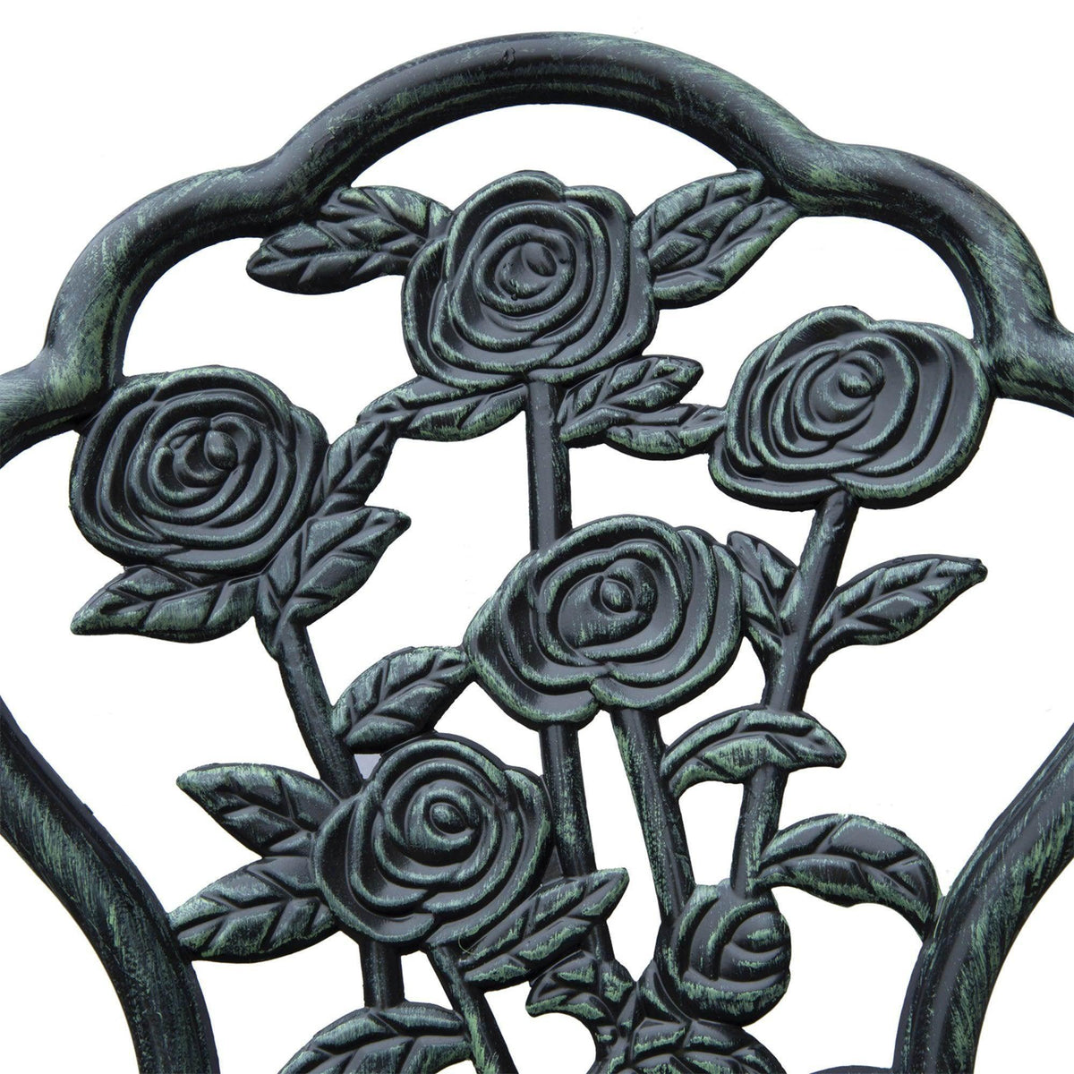 Close-up of an ornate cast-metal chair back with rose and leaf scrollwork