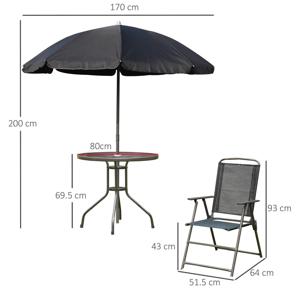 Patio set size diagram: umbrella height 200 cm, round table, folding chairs