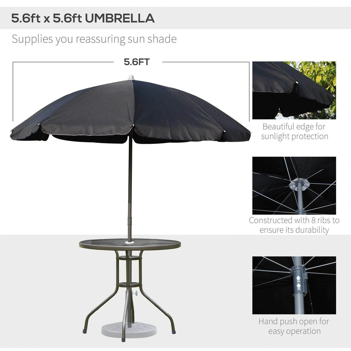 Patio umbrella and round table with center pole and folding base legs