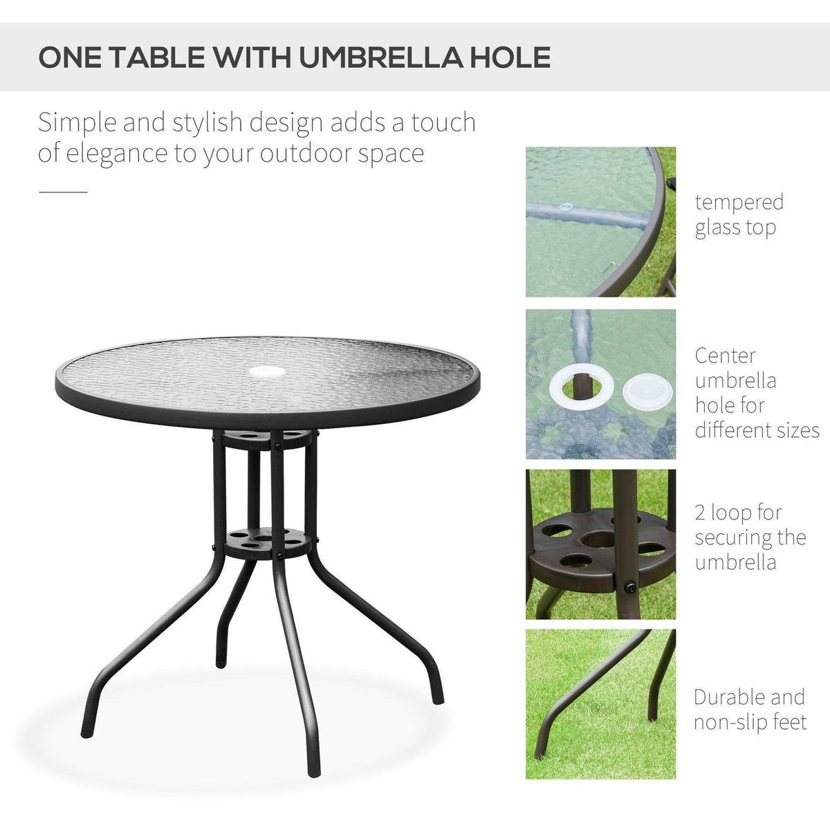 Round bistro table with black legs and umbrella hole in tabletop