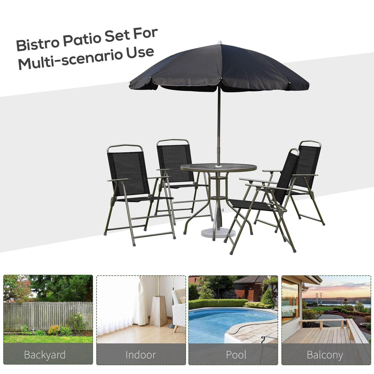 Outdoor patio set with round table, four folding chairs, and dark umbrella