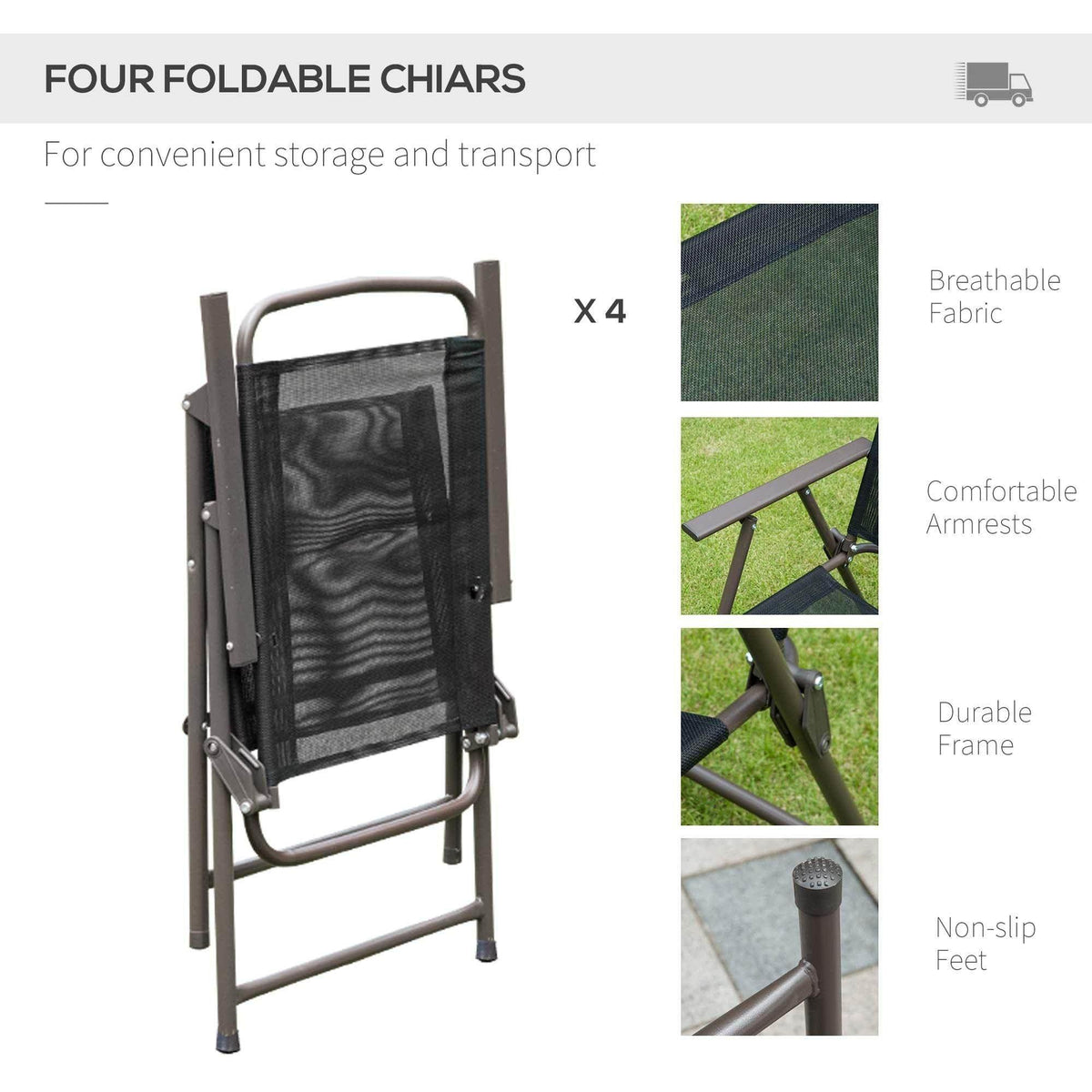 Folding patio chair with mesh back, armrests, and dark metal frame