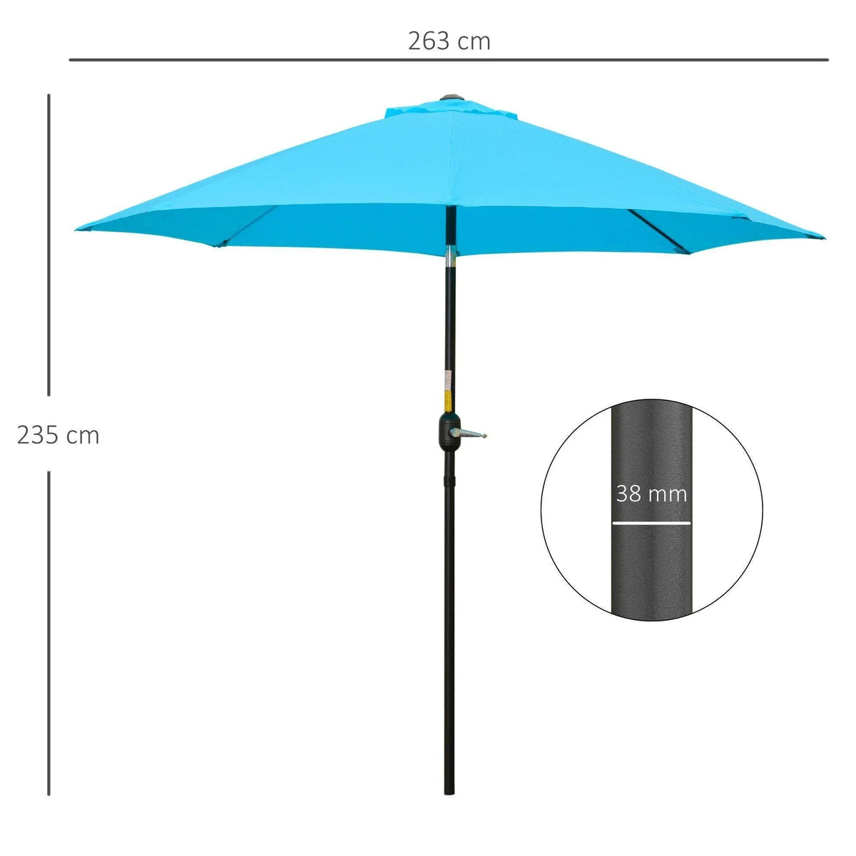 Blue patio umbrella canopy with height dimensions and 38 mm pole detail