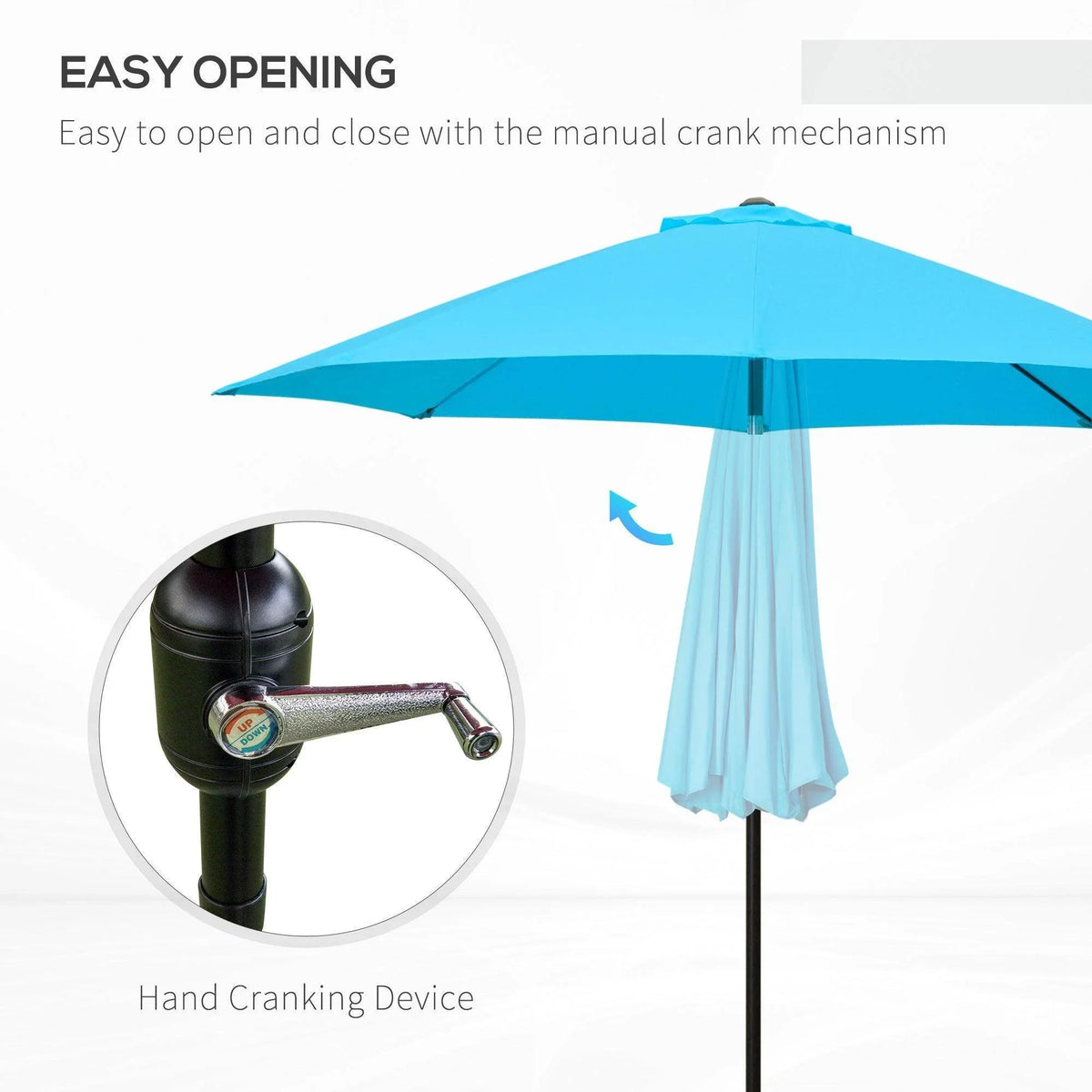 Blue patio umbrella with hand crank mechanism and hanging shade fabric