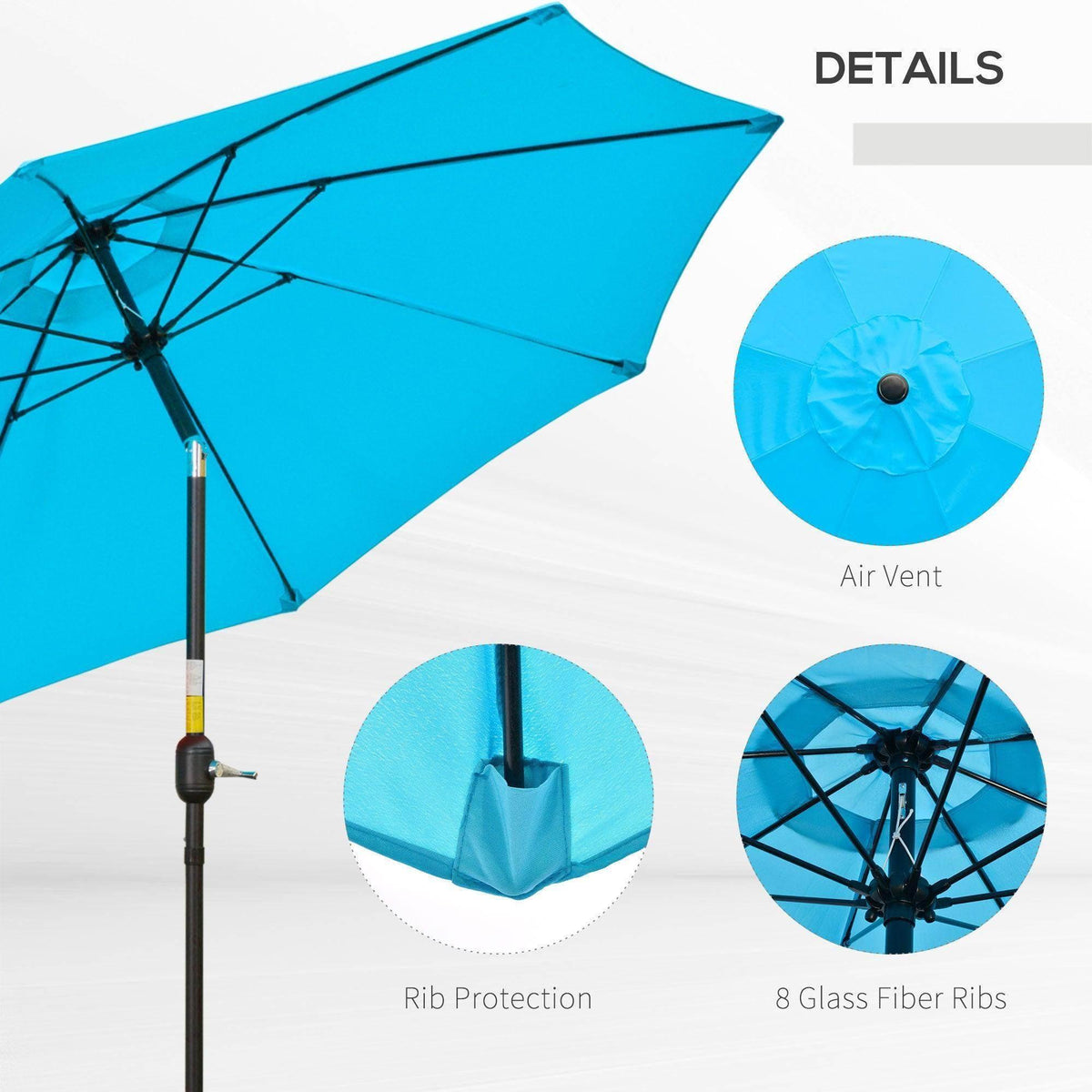 Blue patio umbrella with air vent, rib protection, and 8 glass fiber ribs