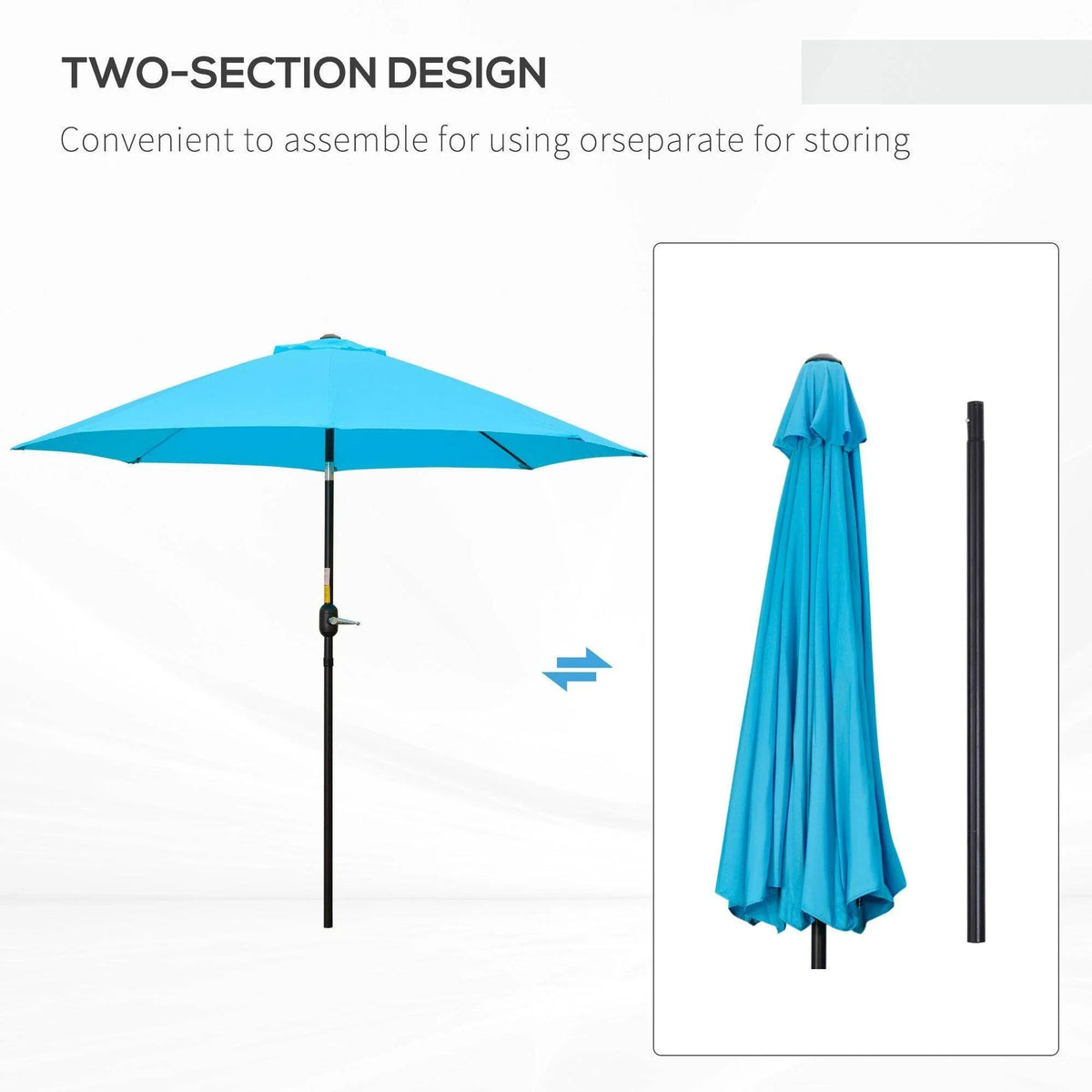 Blue patio umbrella two-section design with removable shade cover shown
