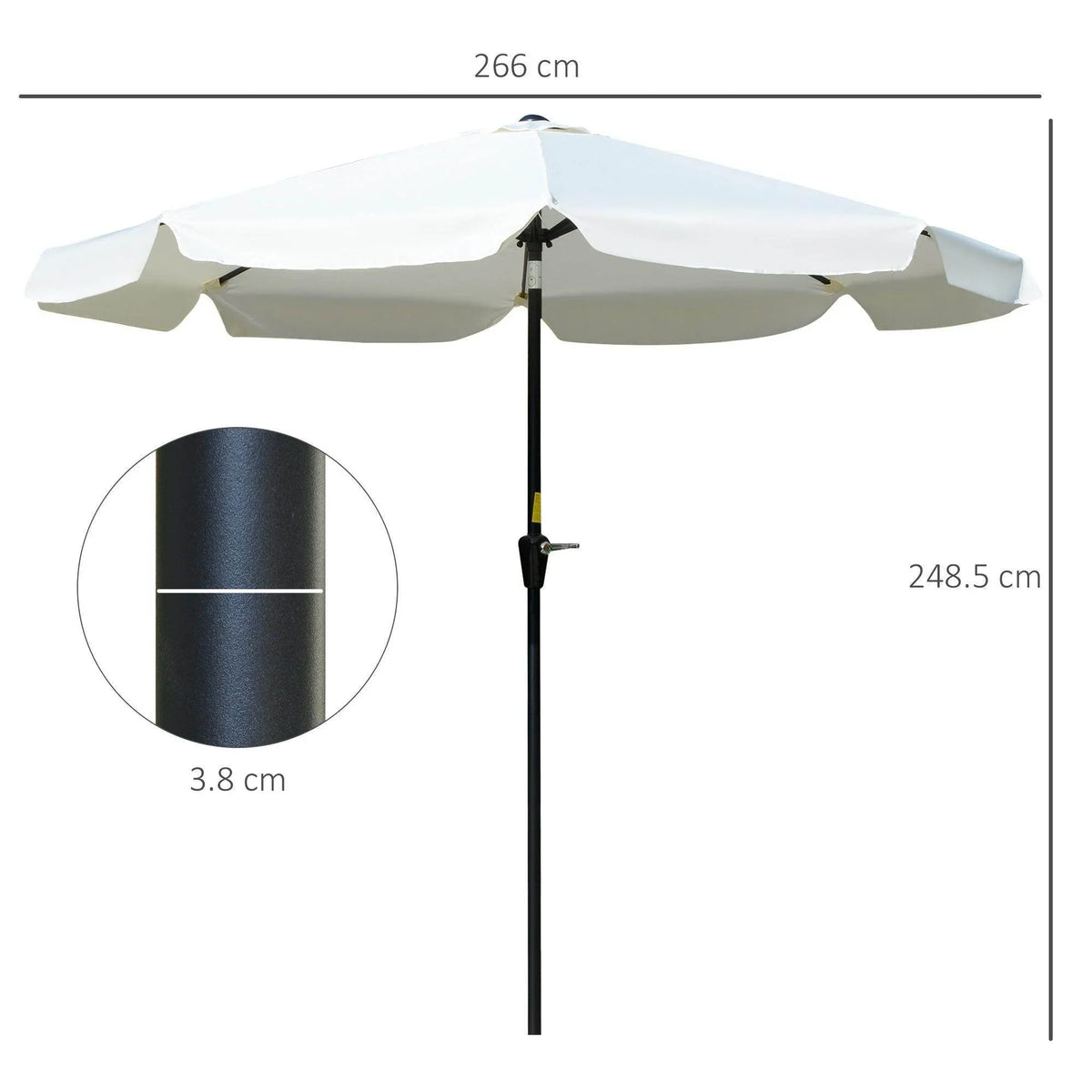 Cream white ruffled patio umbrella with eight ribs and black center pole