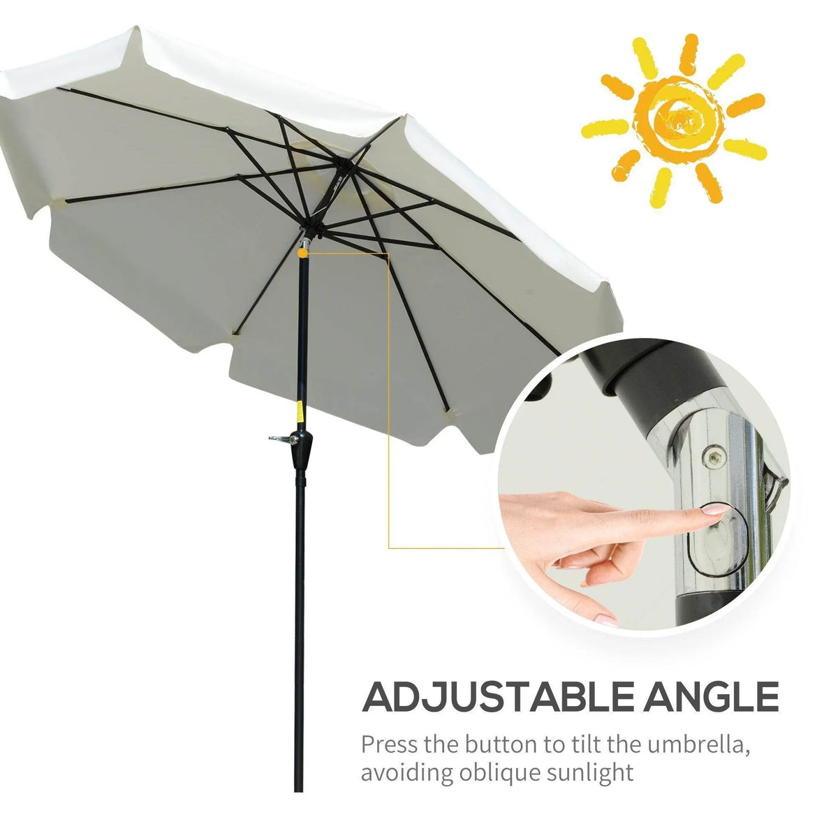 Cream white ruffled patio umbrella with adjustable tilt and black frame