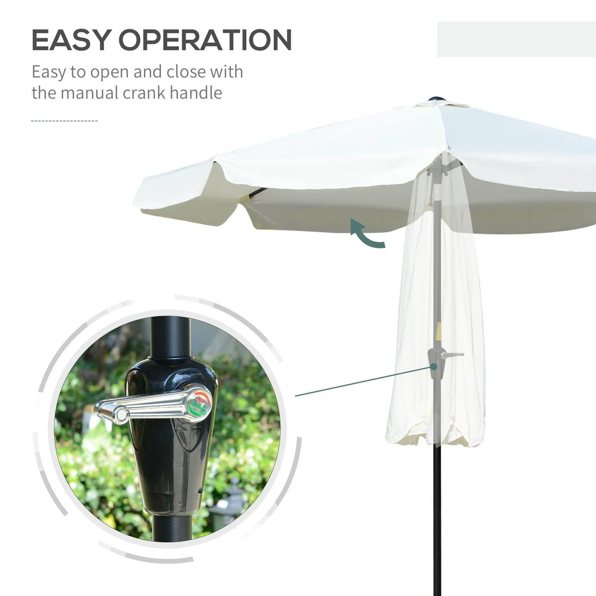 Cream white ruffled patio umbrella with manual crank and hanging fabric cover