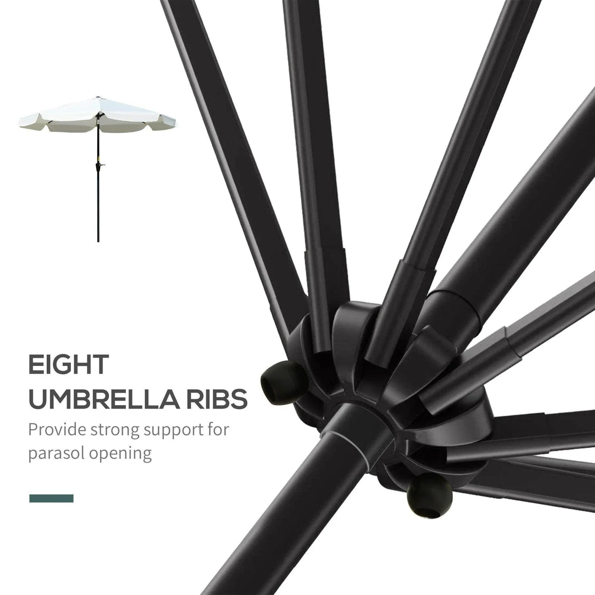 Cream white patio umbrella with eight black ribs and cross-braced frame